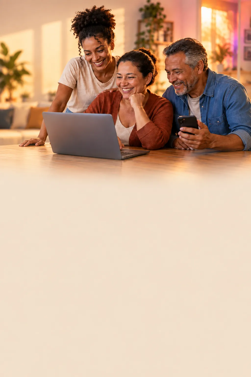 Três adultos sorrindo enquanto estudam juntos no notebook e no celular