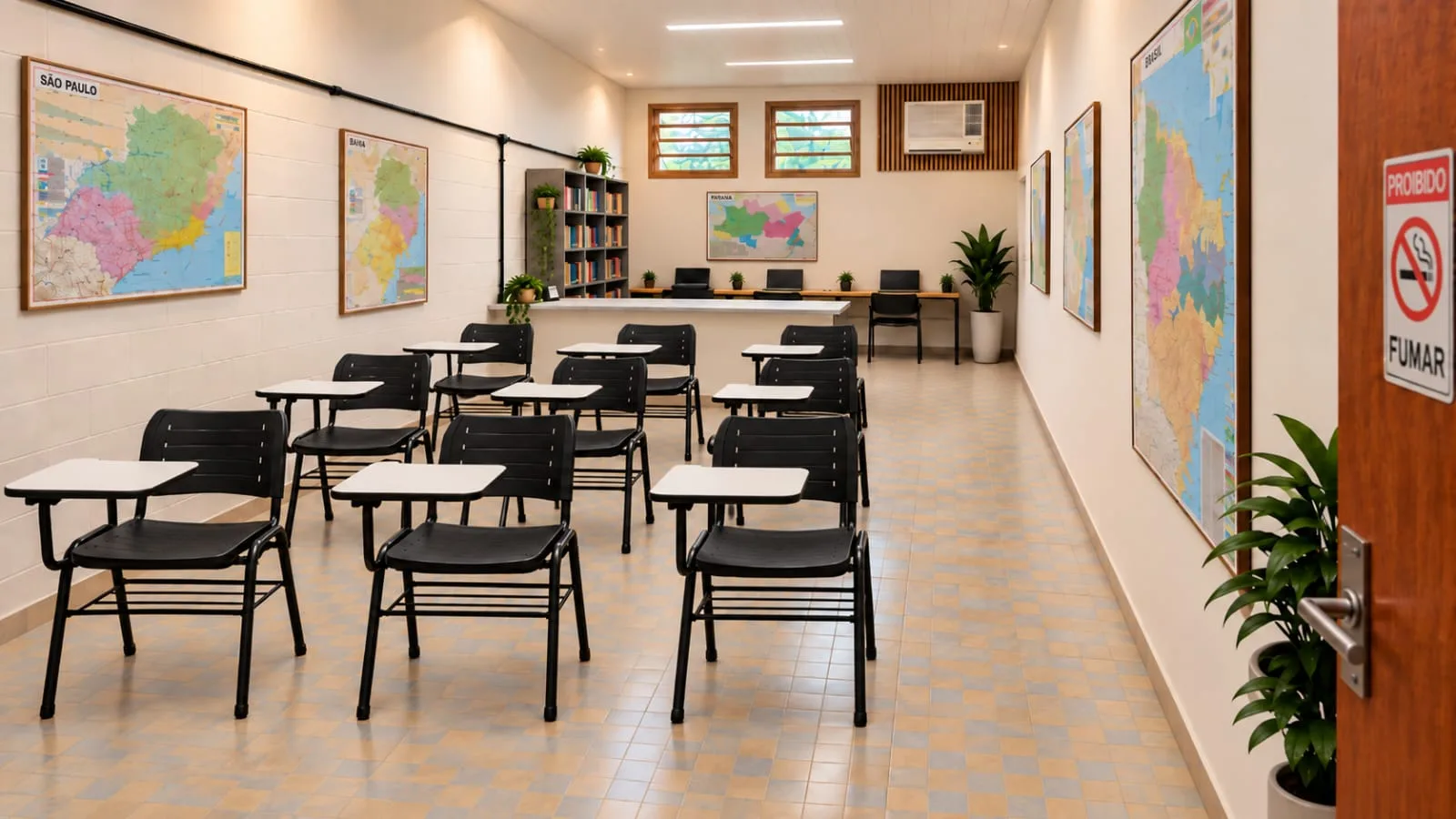 Sala de aula da Integradas Educacional, com carteiras, mapas nas paredes, estante de livros e computadores ao fundo